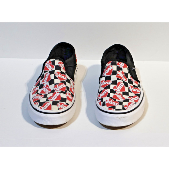 VANS Checkerboard Red Black White Hearts Slip On Sneakers Women's Sz 6 - Picture 1 of 8